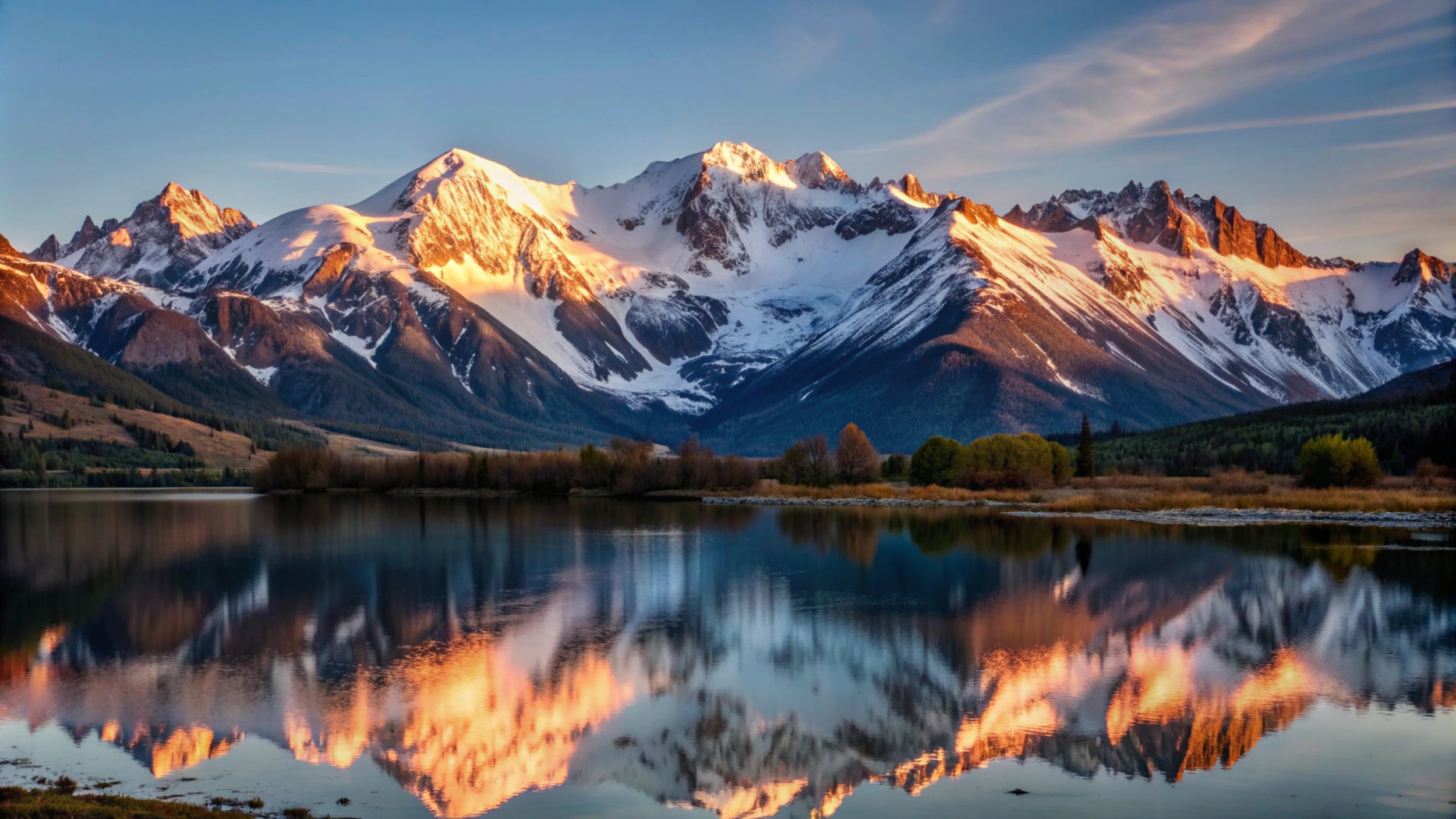Snow-capped mountains illuminated by the setting or rising sun with a calm lake reflecting the landscape in the foreground.