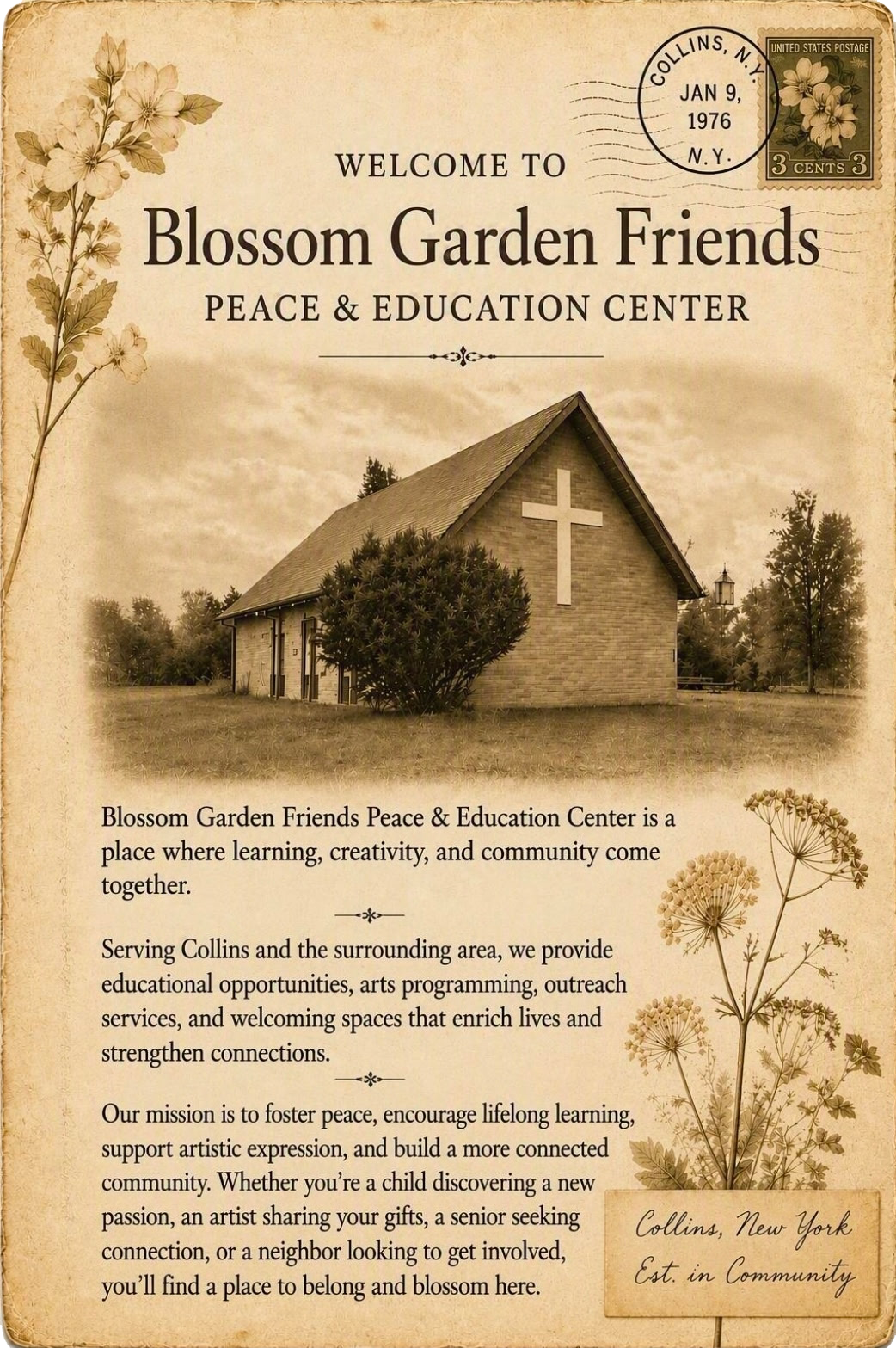 Vintage-style flyer for Blossom Garden Friends Peace & Education Center, featuring a church building with a cross, floral illustrations, and a postmark from Collins, NY, dated January 9, 1976.