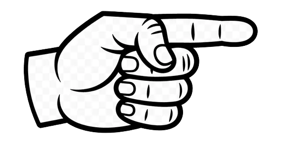 A black and white illustration of a hand pointing to the right.