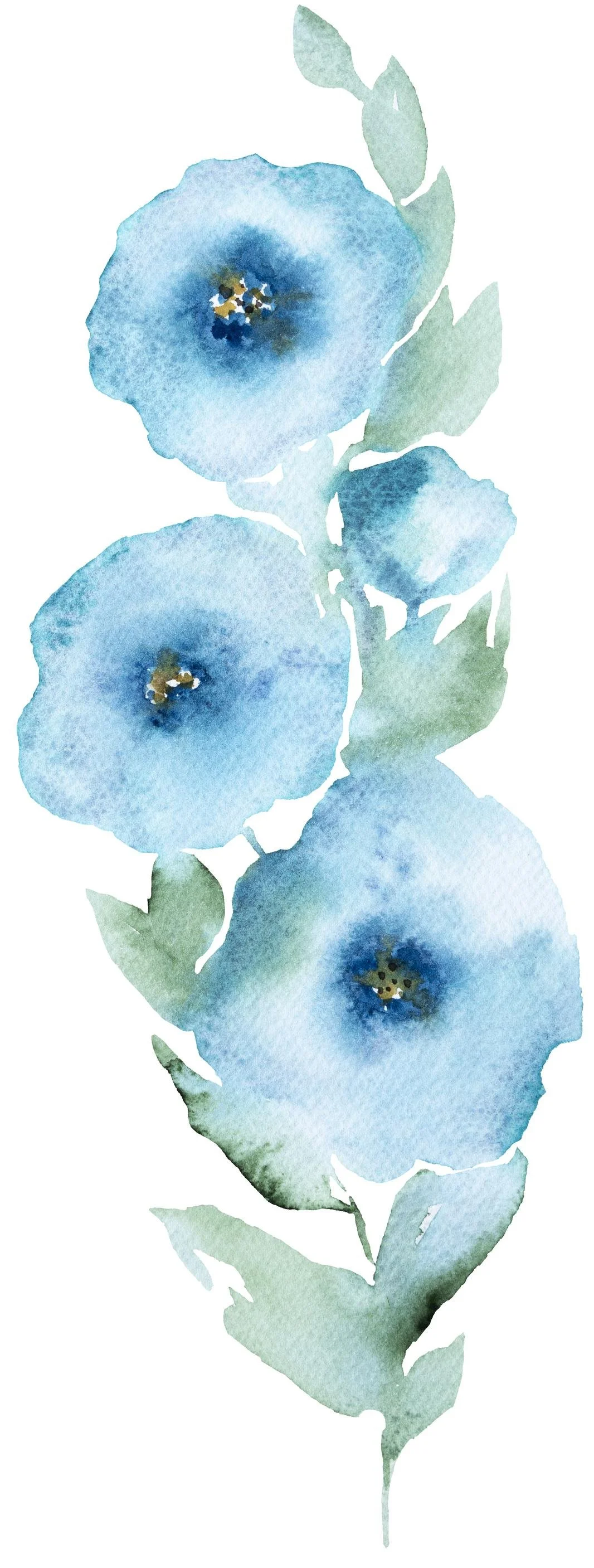 Watercolor painting of blue flowers with green leaves against a white background.