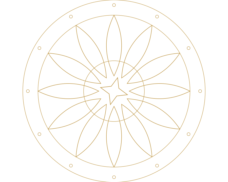 A geometric, star-shaped design with multiple concentric circles, intricate lines, and petal-like patterns in gold on a black background.