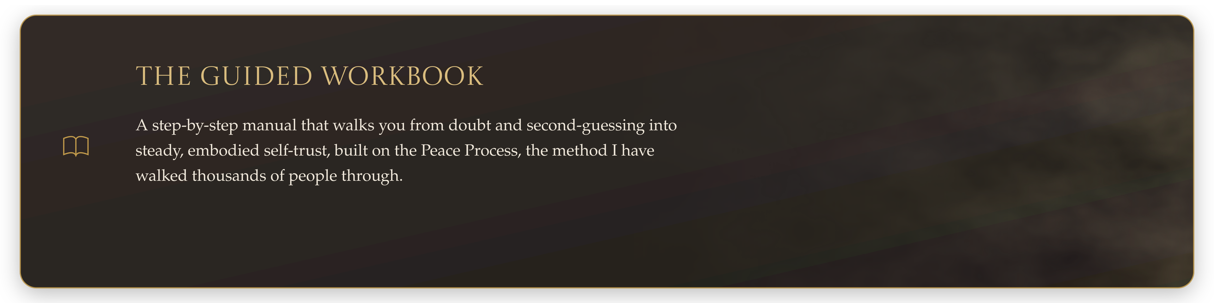Screenshot of a webpage titled "The Guided Workbook" with a description about a step-by-step manual for building self-trust through the Peace Process.