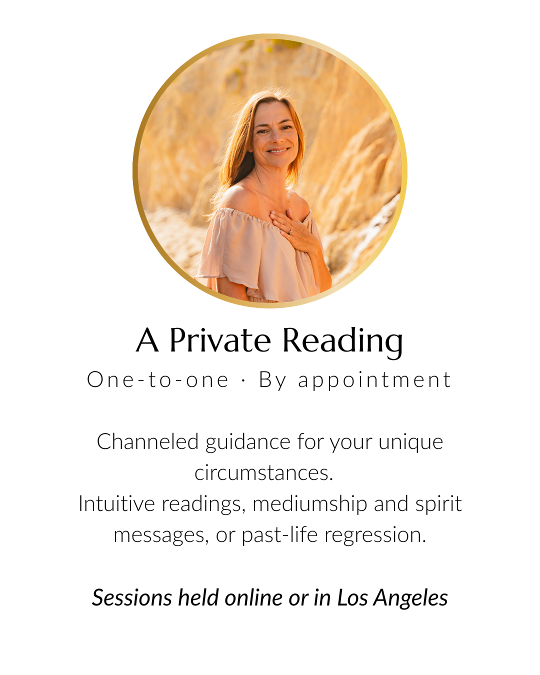 Promotional flyer for private reading sessions featuring a smiling woman with red hair, wearing a beige off-shoulder top, standing against a rocky outdoor background.