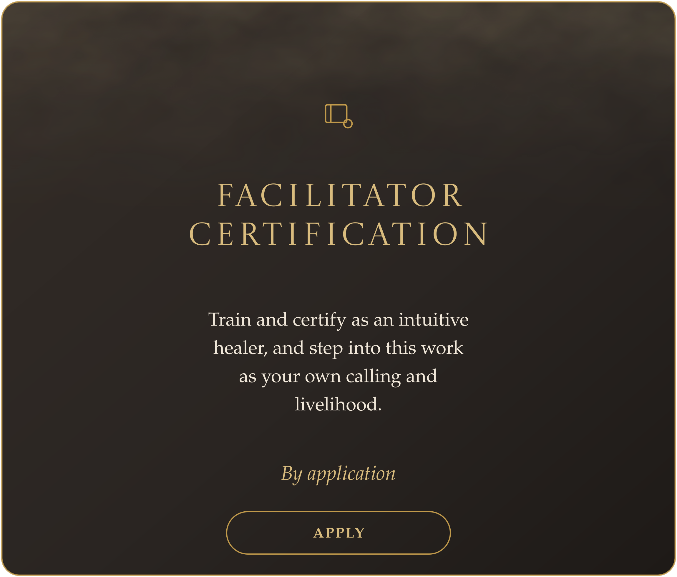 Online facilitator certification advertisement with text about training as an intuitive healer, featuring a dark background and gold accents.