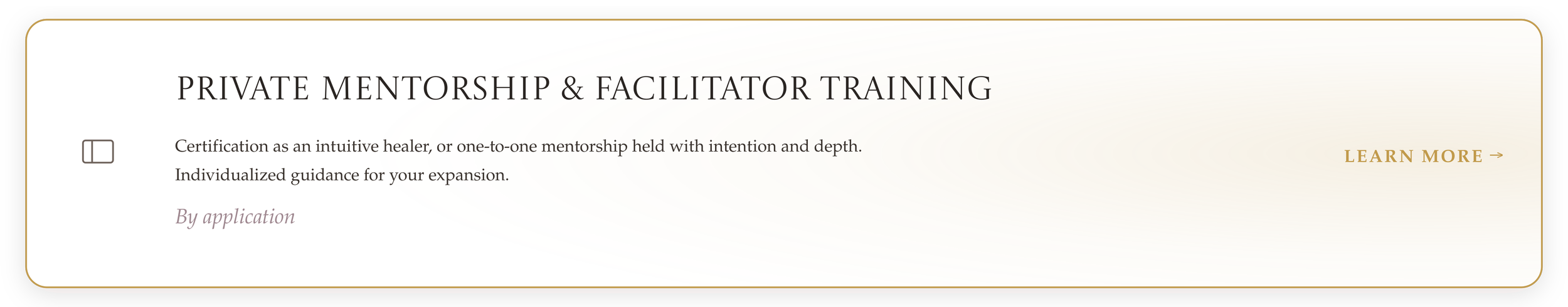 Private mentorship and facilitator training webpage with a brief description and a 'Learn More' link.