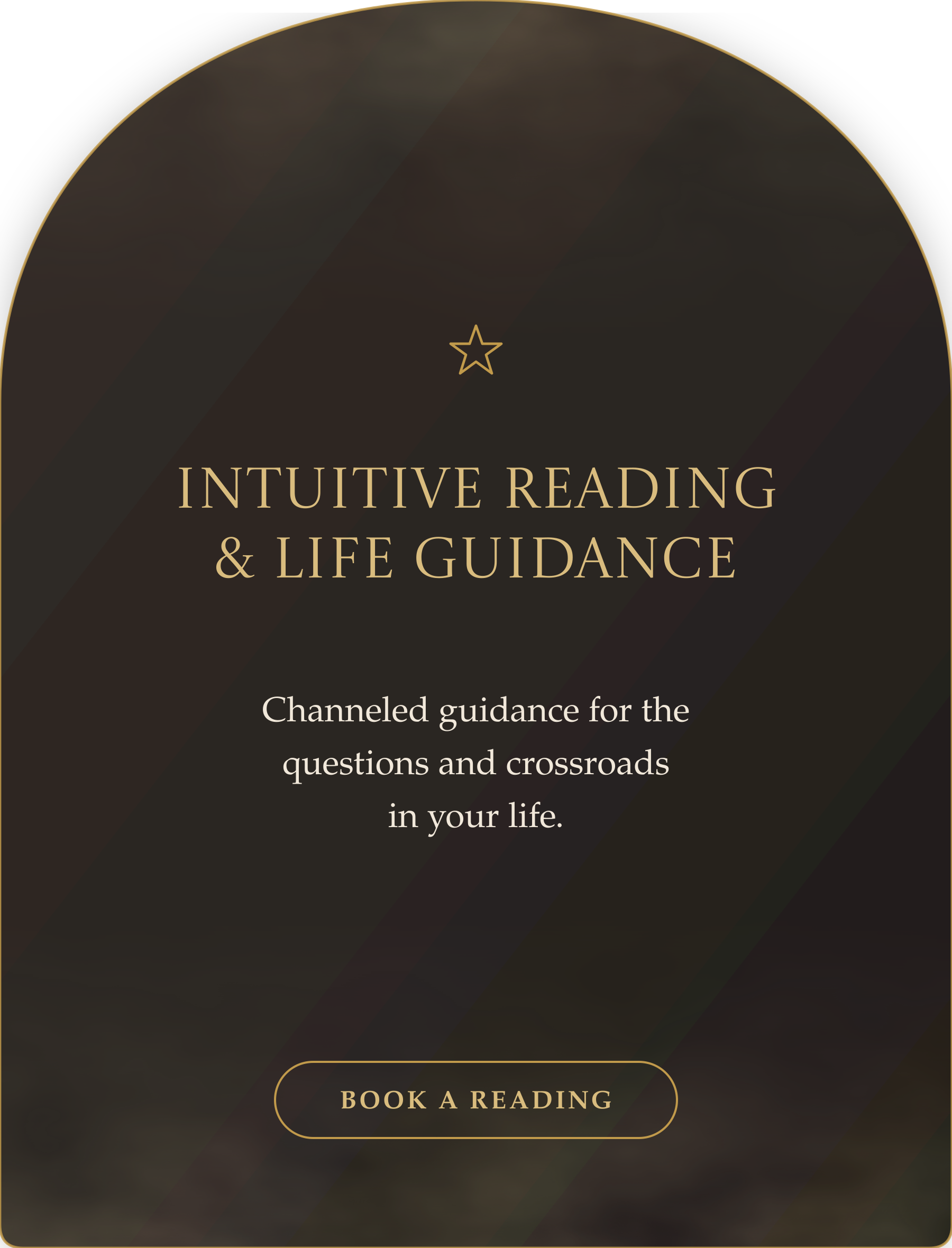 A promotional webpage for intuitive reading and life guidance featuring a dark background with gold text, a star icon, and a "Book a Reading" button.