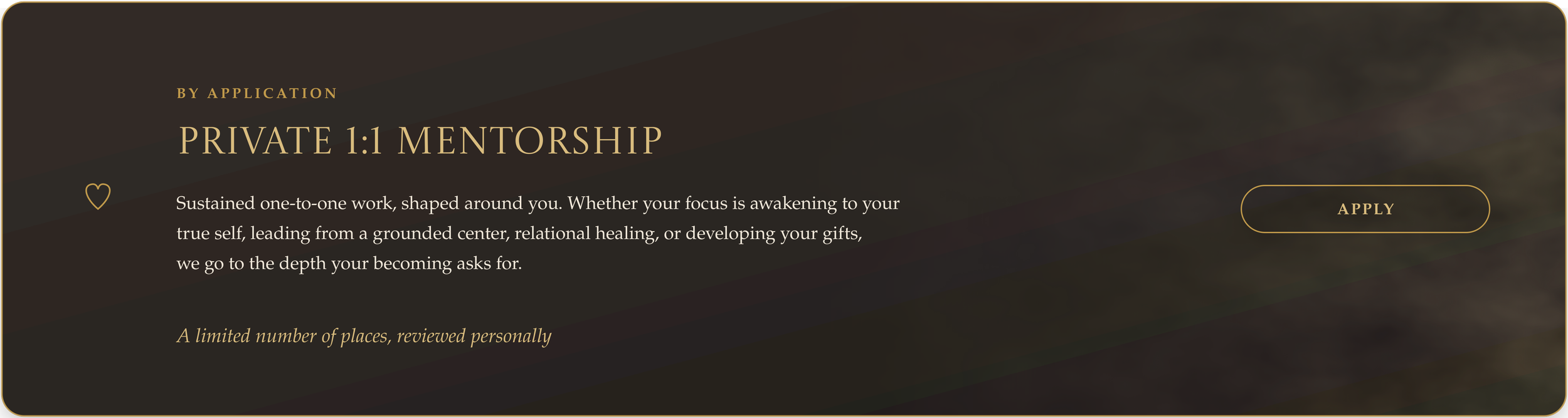 A dark, elegant webpage section with a gold border and text about private 1:1 mentorship, including a heart icon and an 'Apply' button.