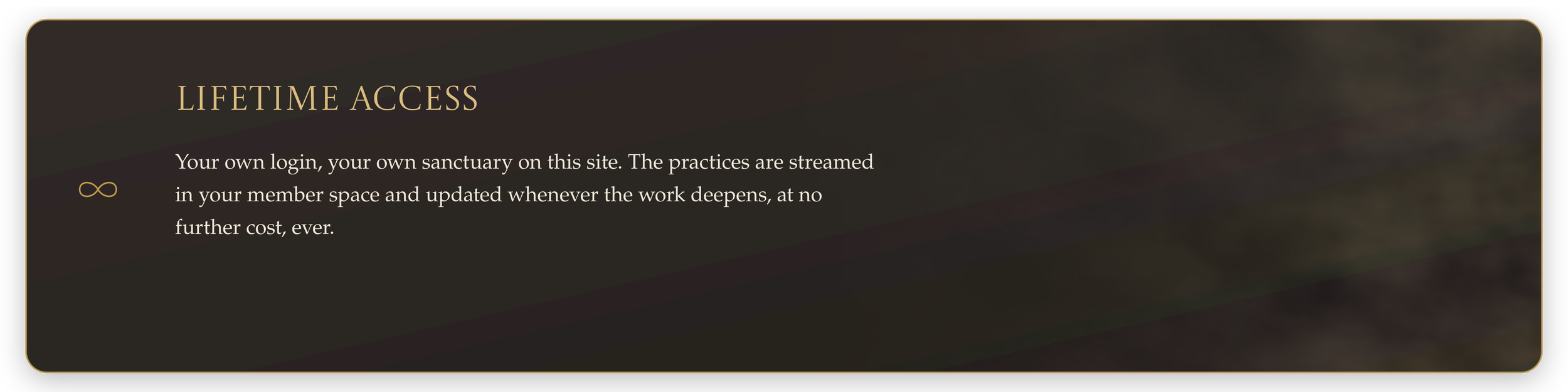 A dark-colored webpage with gold text titled 'LIFETIME ACCESS' and a paragraph explaining that users have their own login and sanctuary on the site, updated whenever needed, at no additional cost.