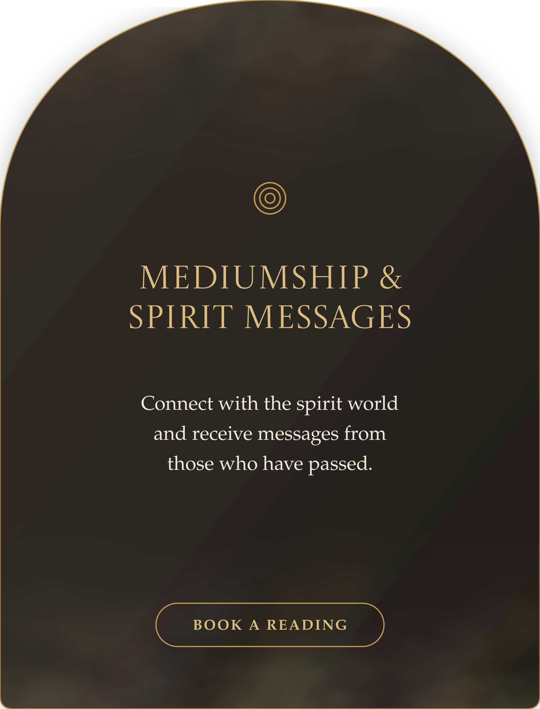 Dark background with gold text promoting connecting with the spirit world for messages, featuring a button labeled 'Book a Reading'.