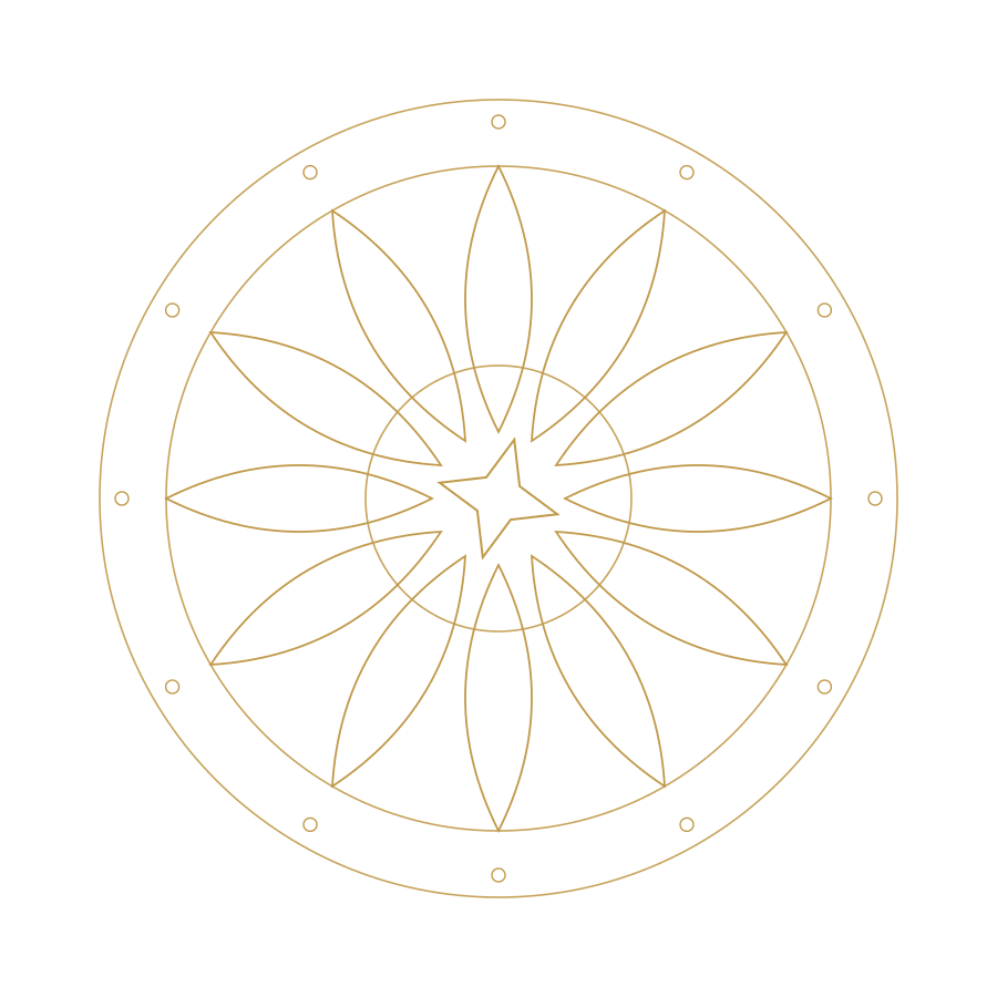 A geometric design with a star at the center, surrounded by a circular pattern of petal-like shapes, all drawn with golden lines on a black background.