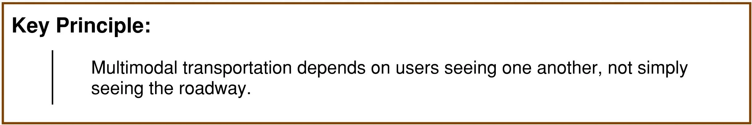 Text box with a brown border containing bold black text that reads 'Key Principle:' followed by a colon, and underneath, smaller black text that says 'Multimodal transportation depends on users seeing one another, not simply seeing the roadway.'