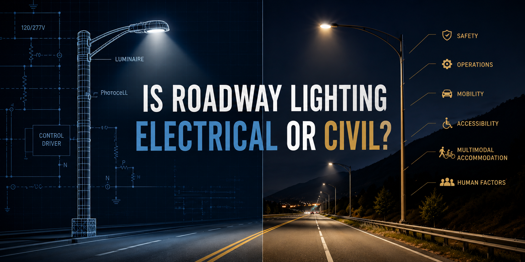 Side-by-side comparison of a digital blueprint of a streetlight on the left and a real streetlight lighting a roadway at night on the right. The left side features technical diagrams, labels, and wiring details, while the right side shows a lit street with mountains in the background. Text overlay asks whether roadway lighting is electrical or civil, with five highlighted categories: safety, operations, mobility, accessibility, multimodal accommodation, and human factors.