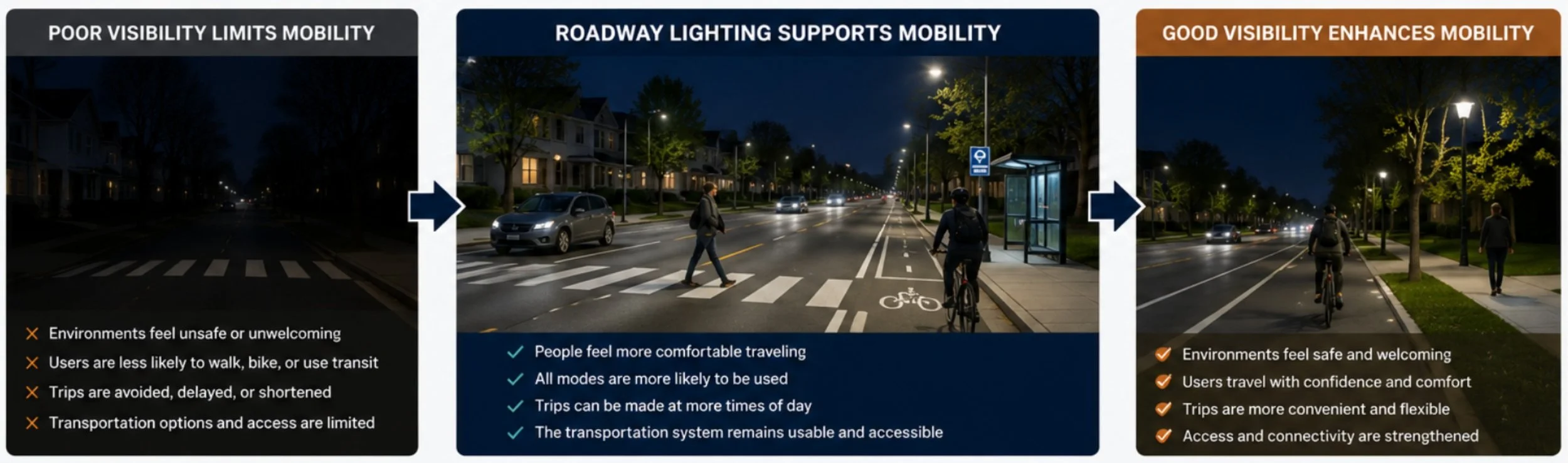 Comparison of three different street environments at night illustrating visibility and mobility. The first shows poor visibility with dark streets and minimal lighting. The second depicts improved lighting with people walking, biking, and driving comfortably. The third shows good visibility with well-lit streets, with people walking and biking confidently.