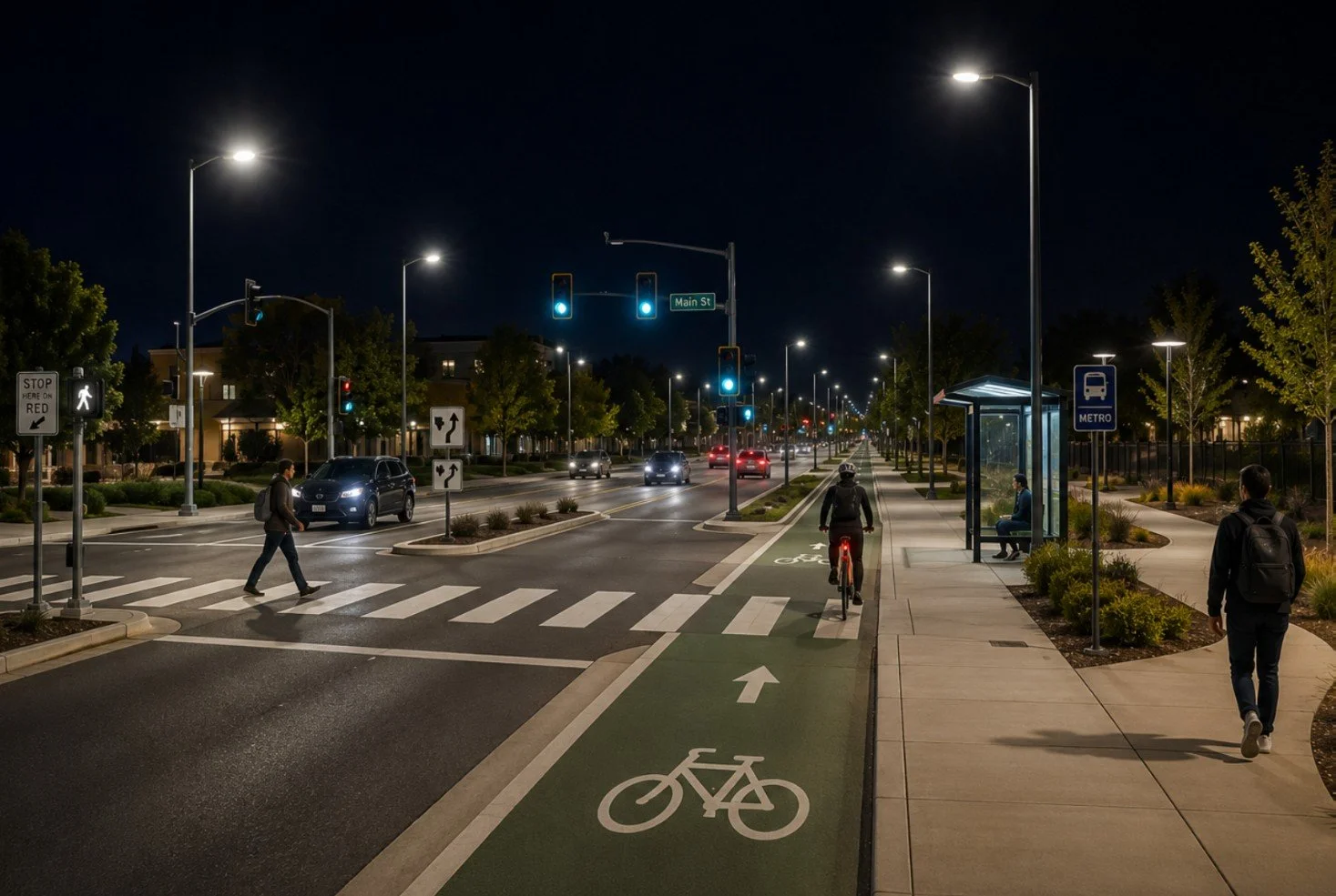 Nighttime city street with a pedestrian crossing, a cyclist in the bike lane, and pedestrians walking on the sidewalk. Streetlights illuminate the scene, traffic signals are green, and cars are parked and driving in the distance. A bus stop shelter and a metro sign are visible along the sidewalk.