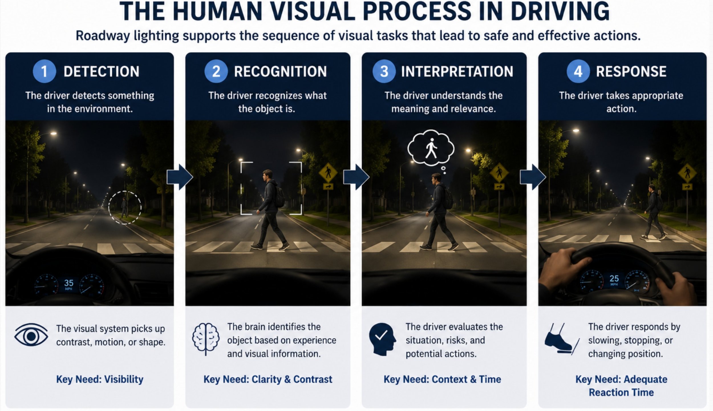 Infographic titled "The Human Visual Process in Driving" divides the process into four steps: detection, recognition, interpretation, and response. It shows a person walking across a street at night, with visual cues like streetlights and pedestrian signs. Each step explains the driver’s cognitive process from detecting environmental signals to taking action. At the bottom, text emphasizes key needs such as visibility, clarity and contrast, context and time, and reaction time.