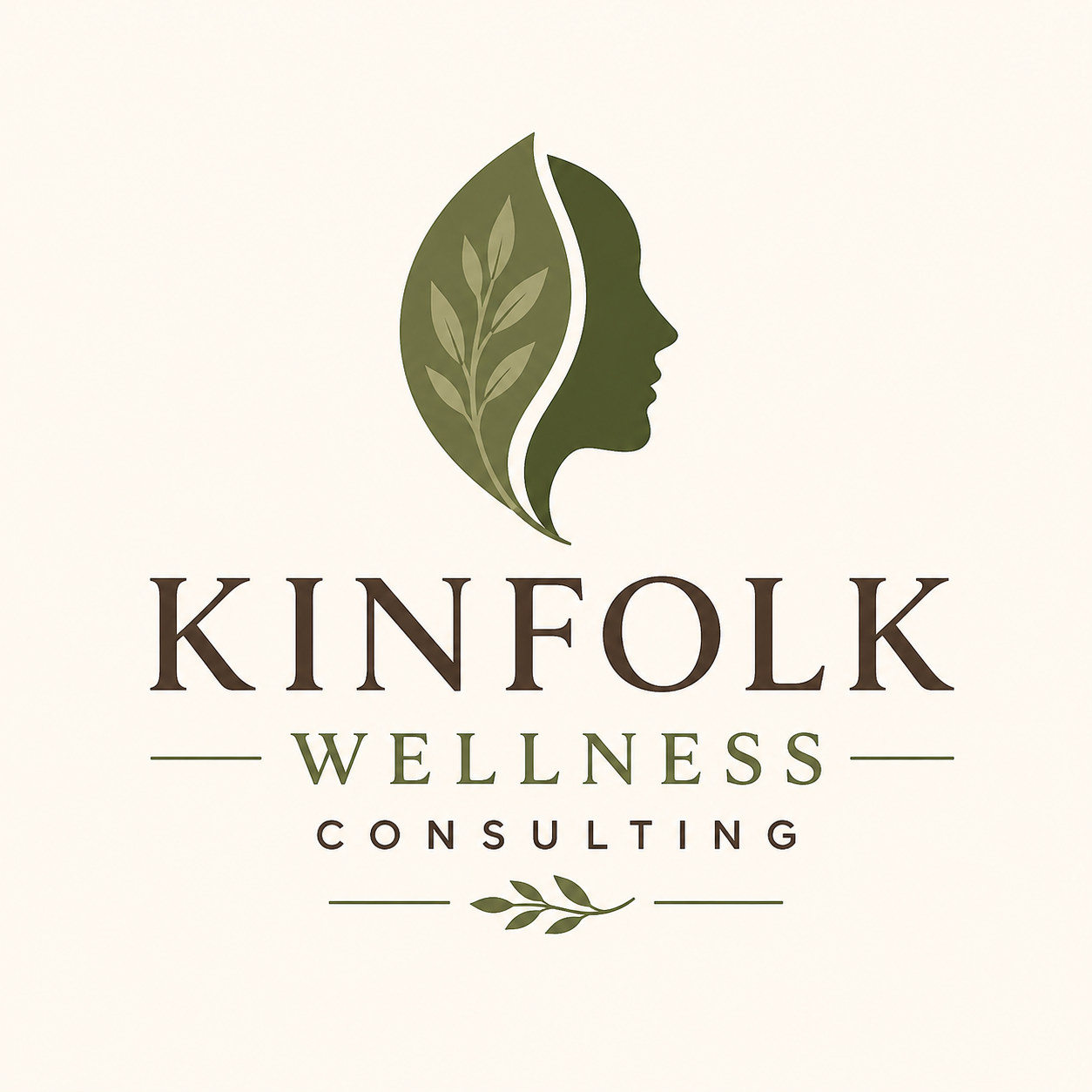 Logo for Kinfolk Wellness Consulting featuring a stylized woman's profile with a leaf design.