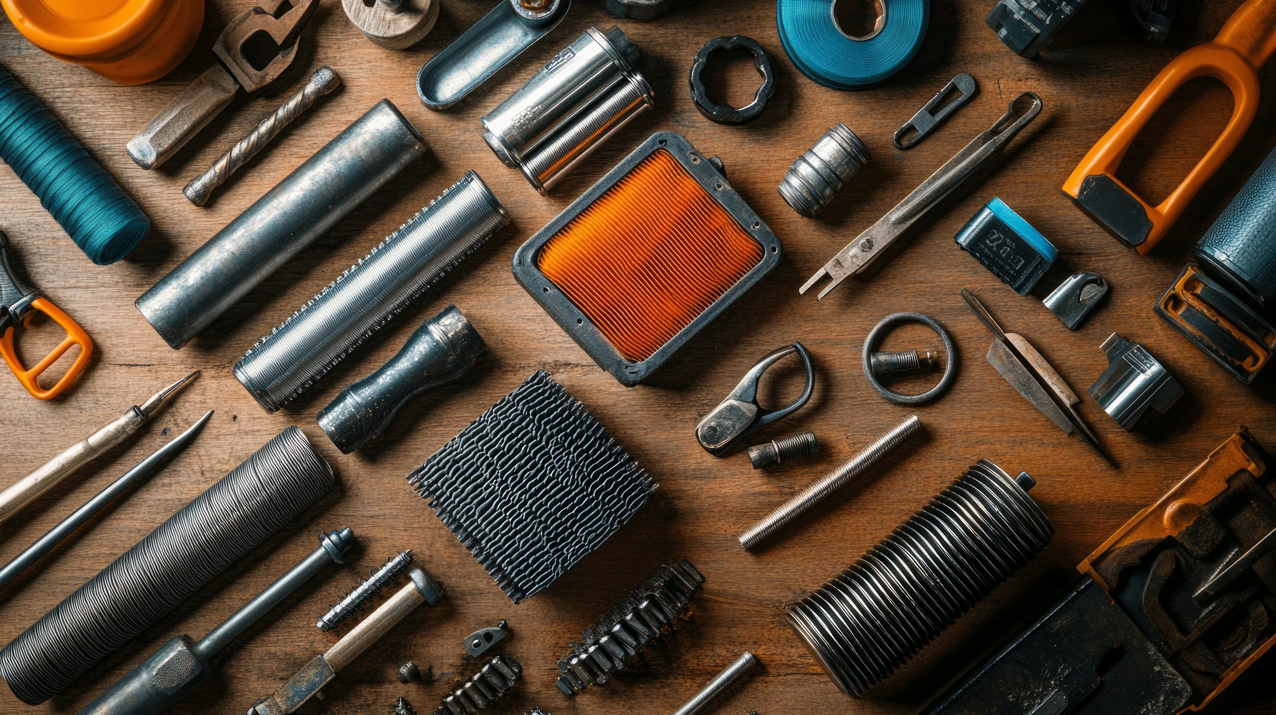 Diversos componentes y herramientas de mecánica y plomería distribuidos sobre una superficie de madera, incluyendo mangueras, filtros, tornillos, tuercas y herramientas manuales.