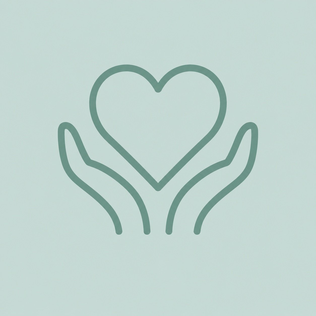 Simple line drawing of two hands cupping a heart on a light blue background.