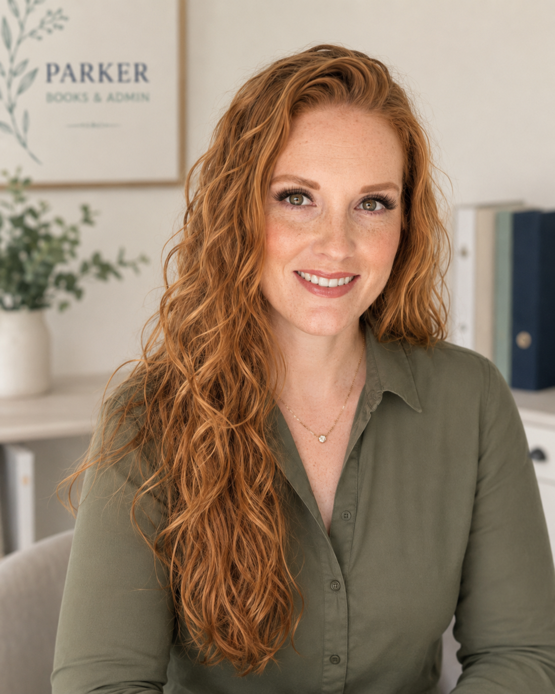 Woman with curly red hair in green shirt smiling