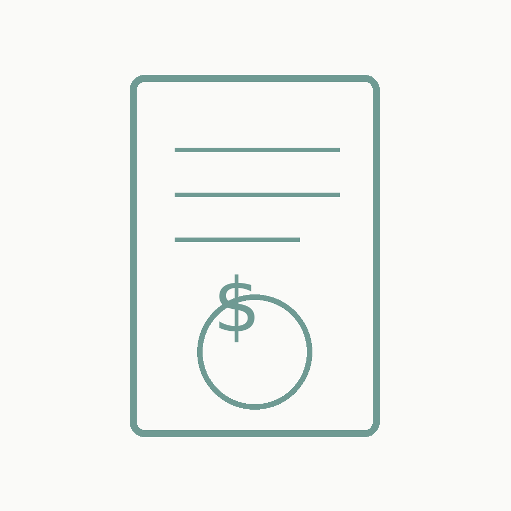 Line drawing of a financial document with a dollar bill icon at the bottom.