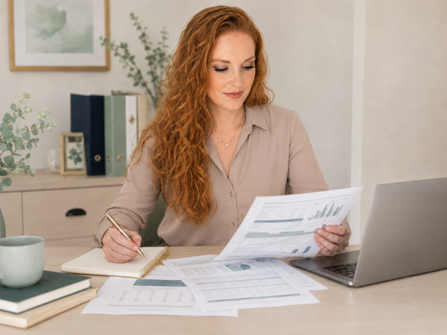 Woman with curly red hair reviewing financial statements