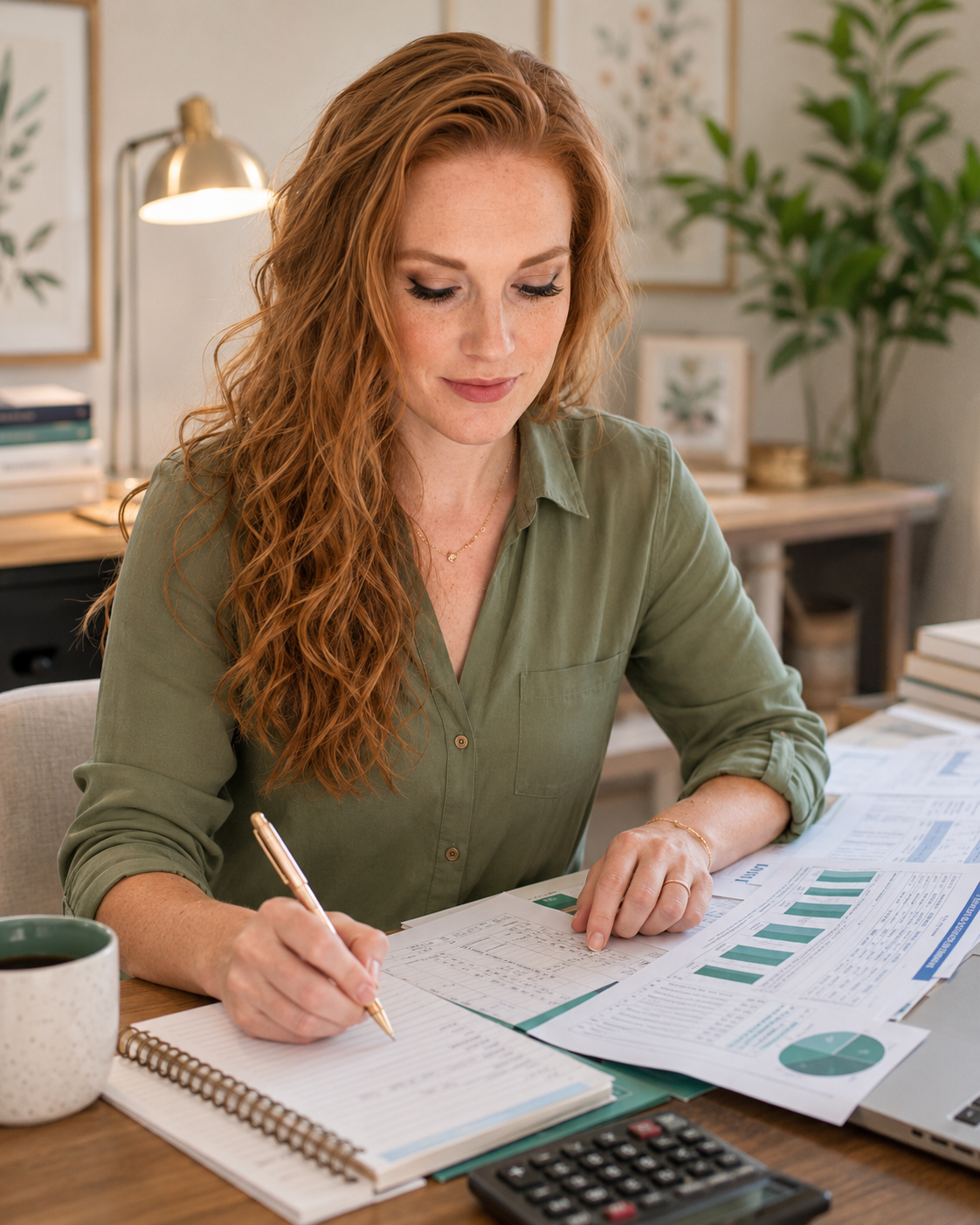 woman with curly red hair going over financial statements