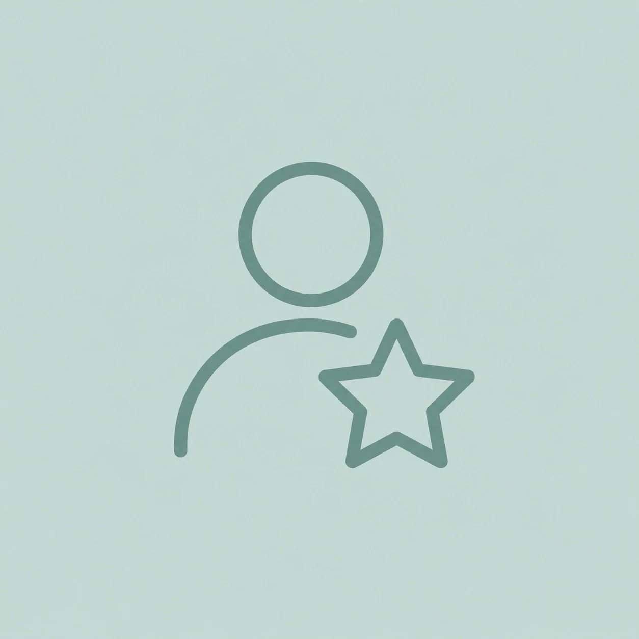 Simple line icon of a person with a star in front of them on a light blue background.