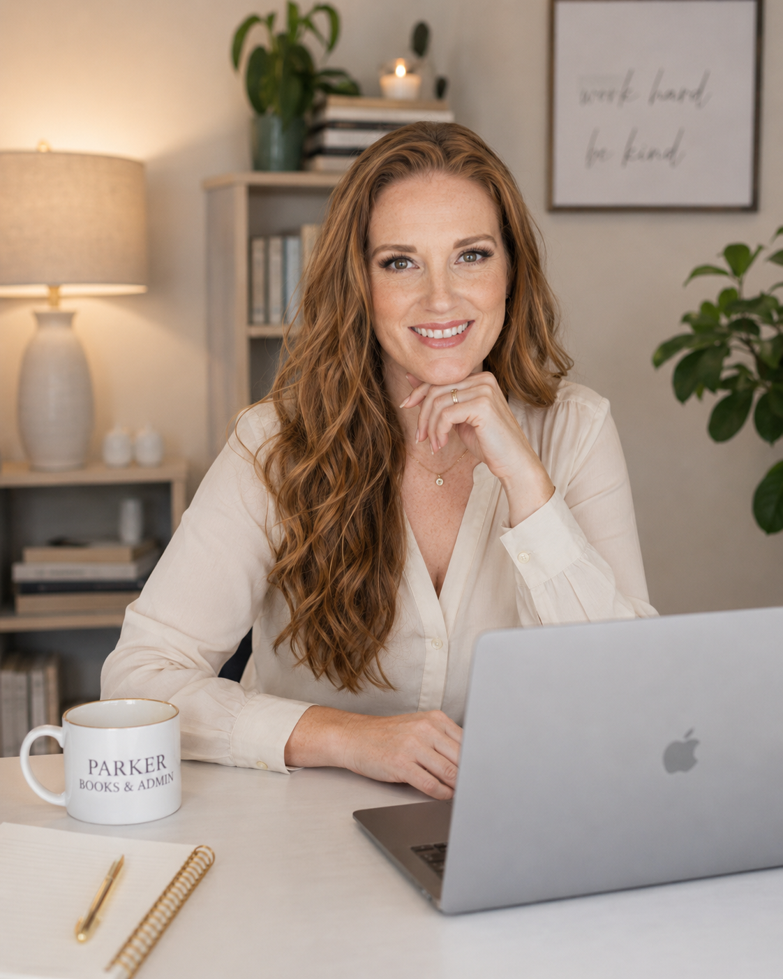 Woman with curly red hair smiling in front of a laptop