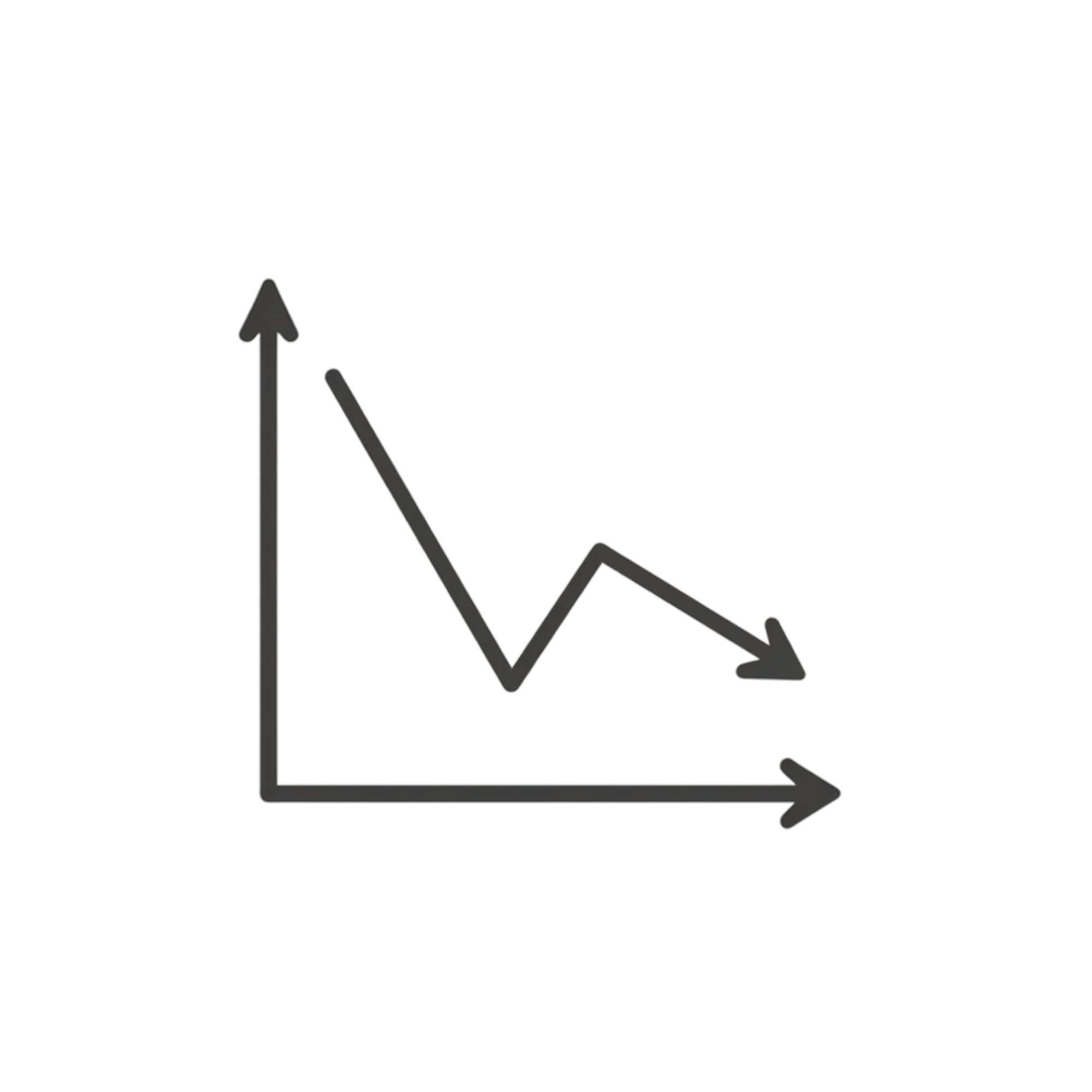 A downward trending line graph with a black line showing a decline, a gray arrow pointing downwards at the end of the line, and an empty space below for data or labels.