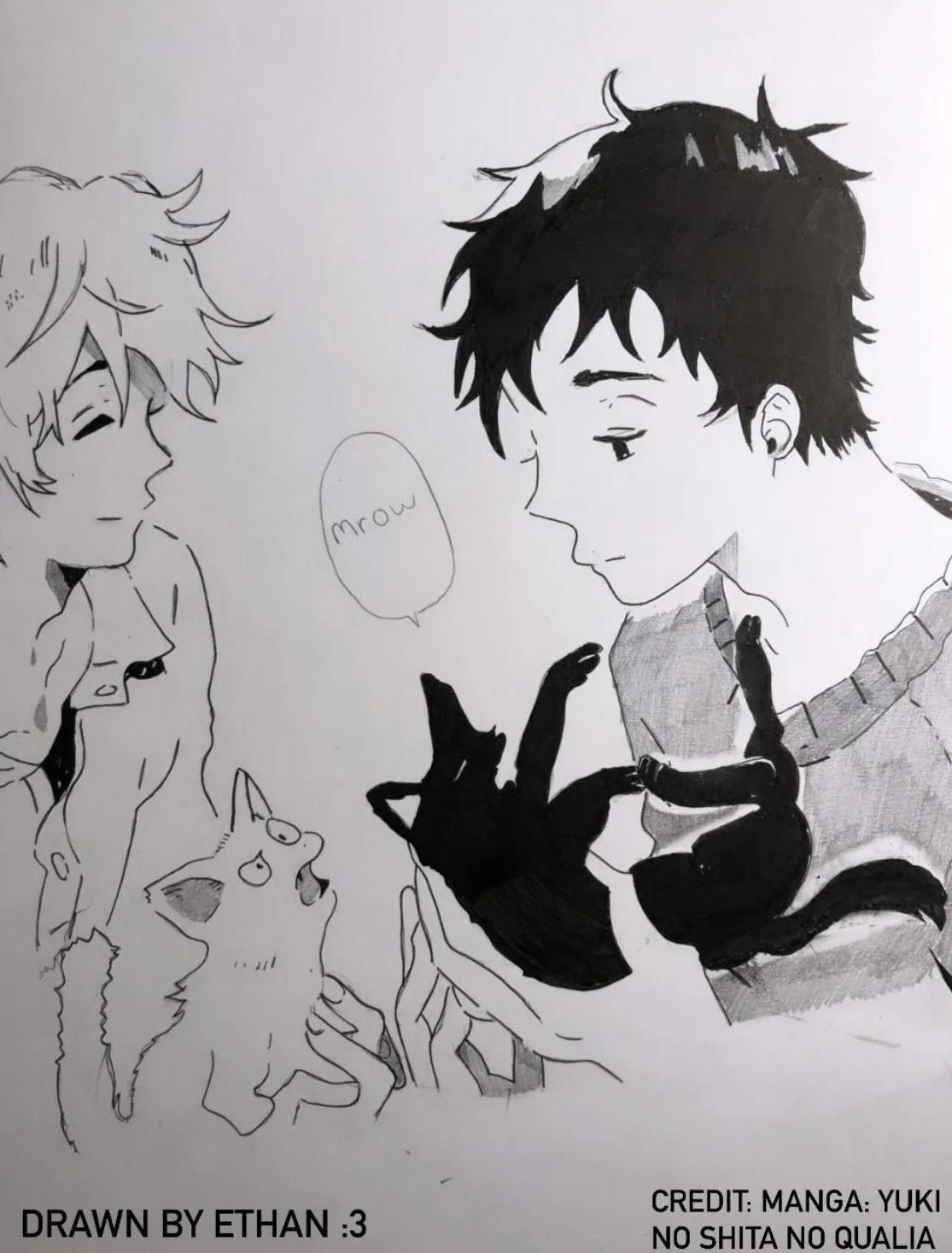 Black and white manga-style drawing of two young men with messy hair, one with glasses, and a small cat with glasses. One man is holding a small black cat who appears to be pawing at his face. The other young man is smiling and saying 'mrow'.