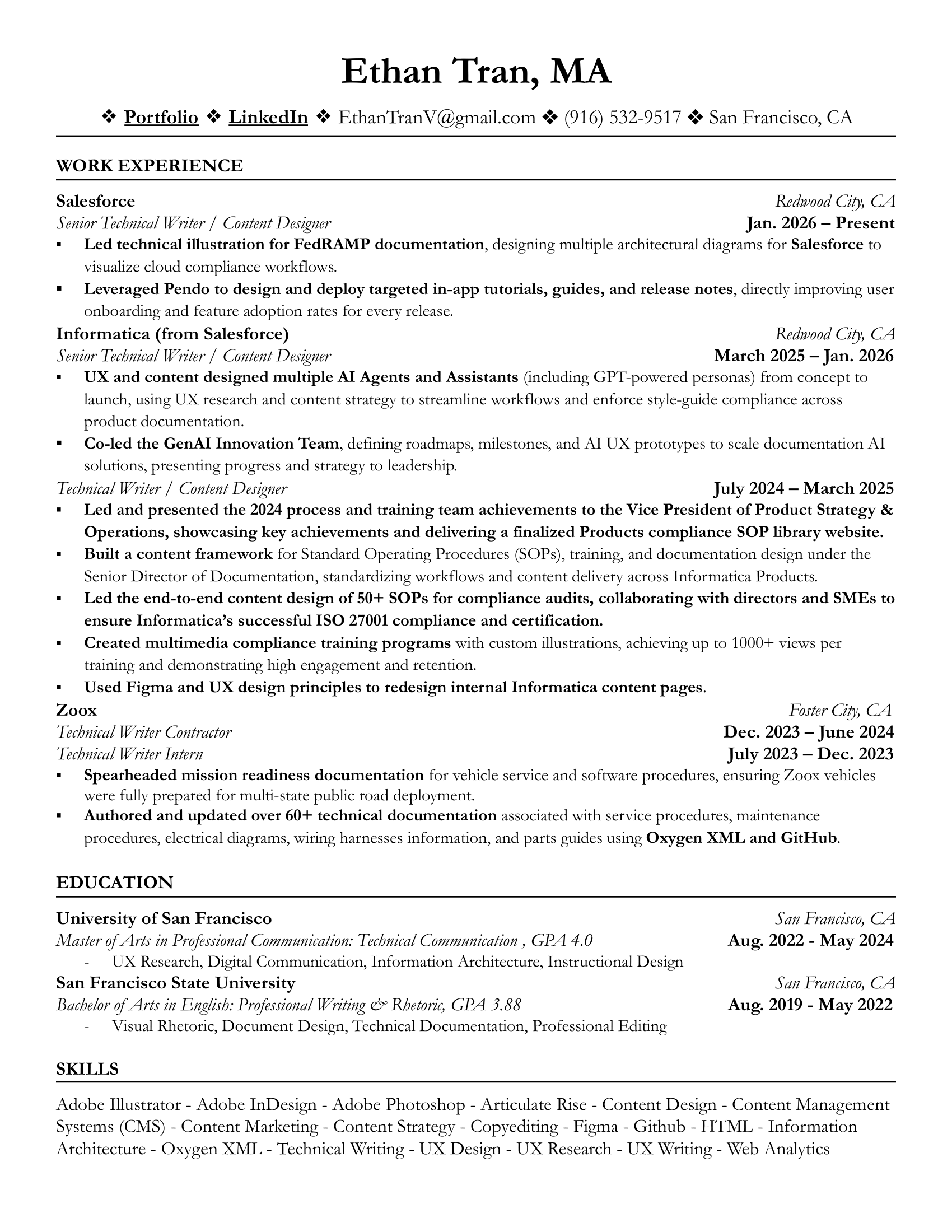 A professional resume displaying a person's contact information, work experience, education, and skills. The resume is structured with headings and bullet points, detailing roles such as senior technical writer, content designer, and technical writer contractor across various tech companies and projects.