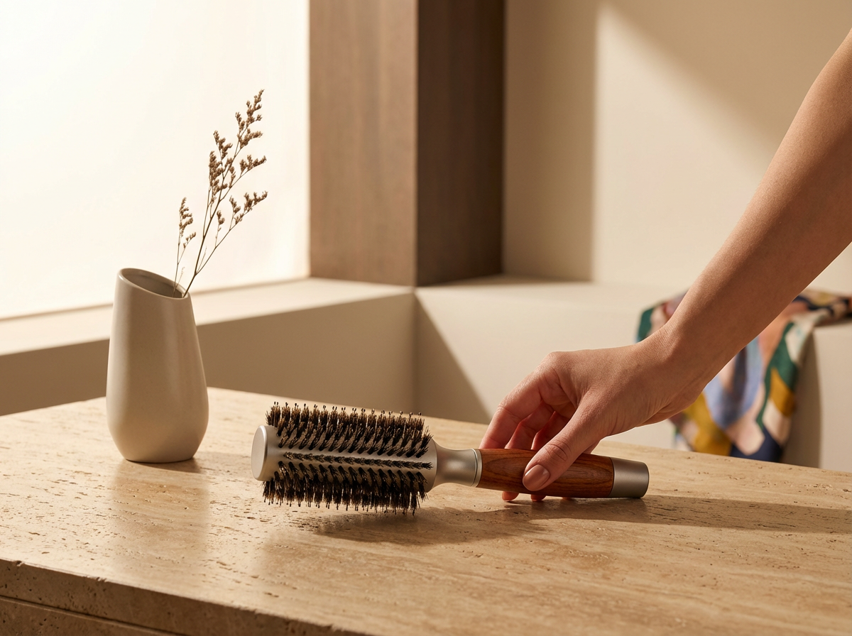 A person's hand reaching for a round hairbrush with a wooden handle on a wooden table. A beige vase with a minimalistic design and a single dried plant inside sits nearby, close to a window with natural light coming through.