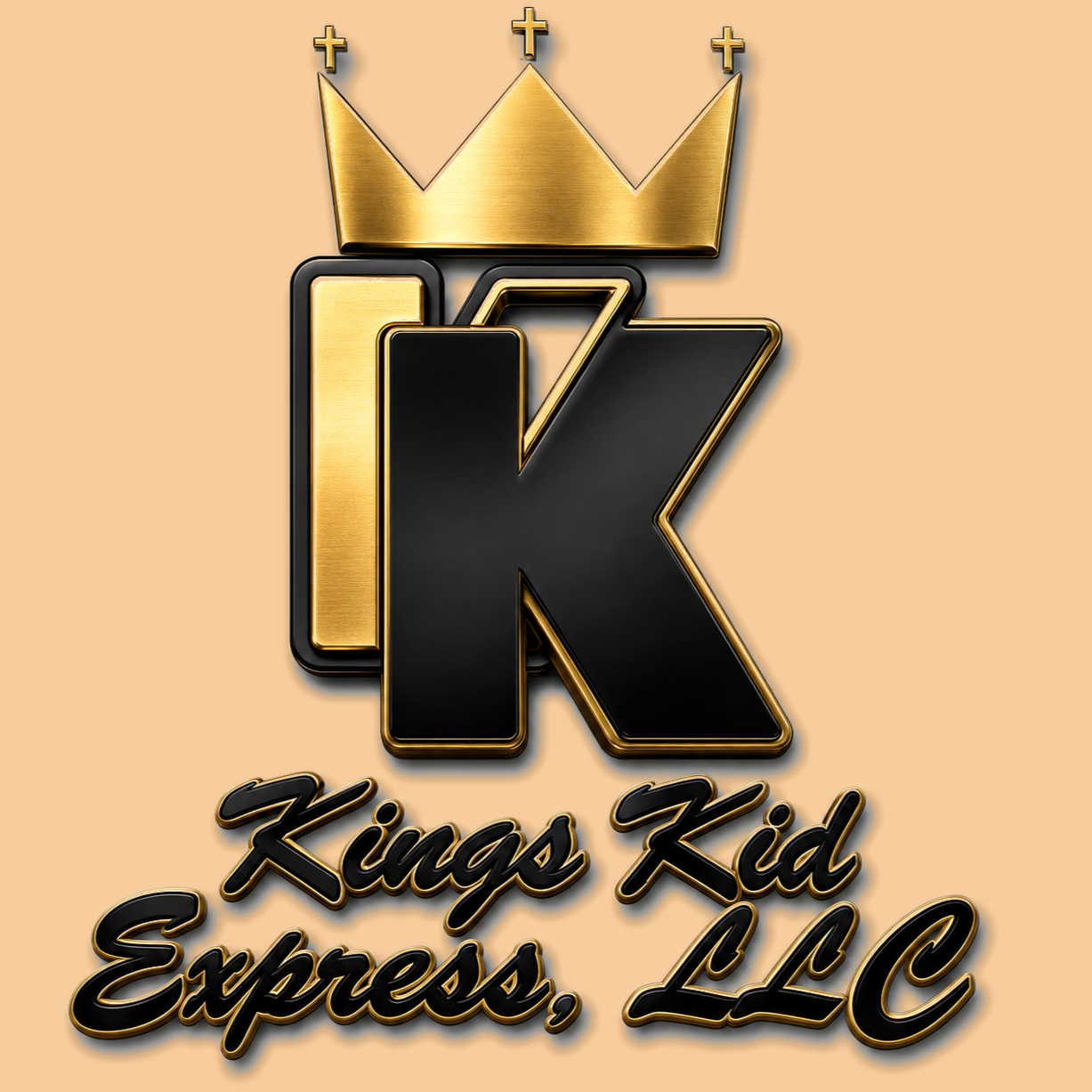 Logo for Kings Kid Express, LLC featuring a large black and gold letter 'K' with a gold crown on top and the business name written below in black script