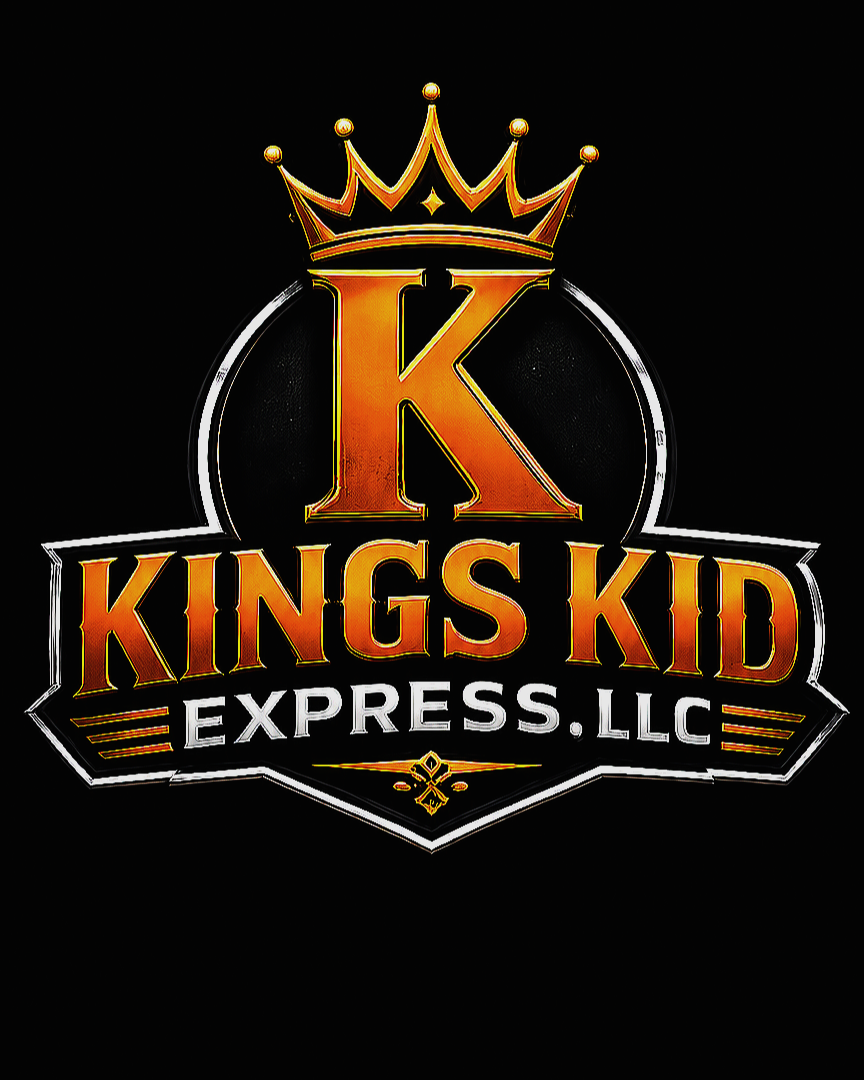 Logo for Kings Kid Express LLC featuring a gold crown, a large gold 'K', and the company name in bold gold and white letters on a black background.
