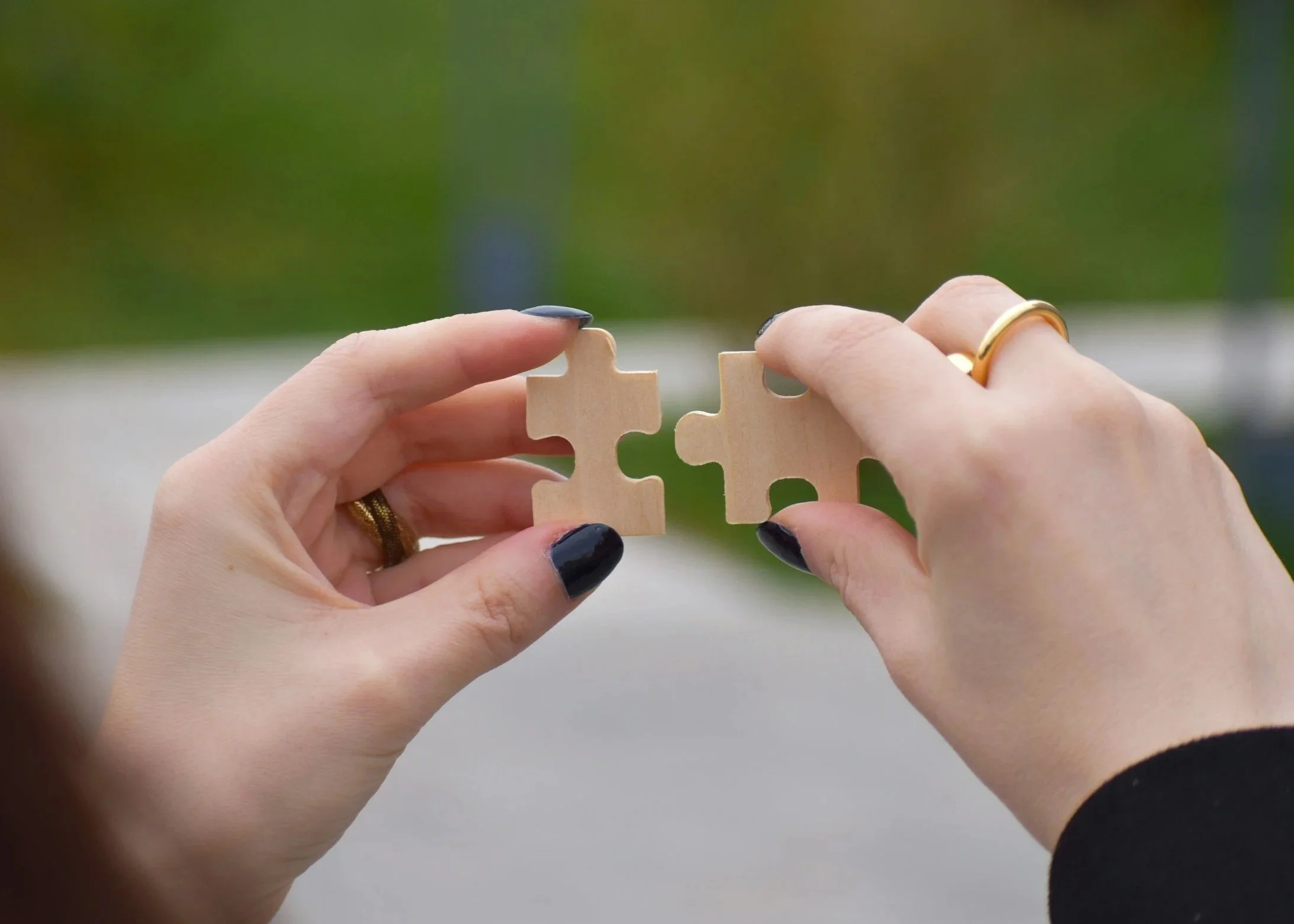 Close-up of two hands holding puzzle pieces, with a blurred background of greenery.
