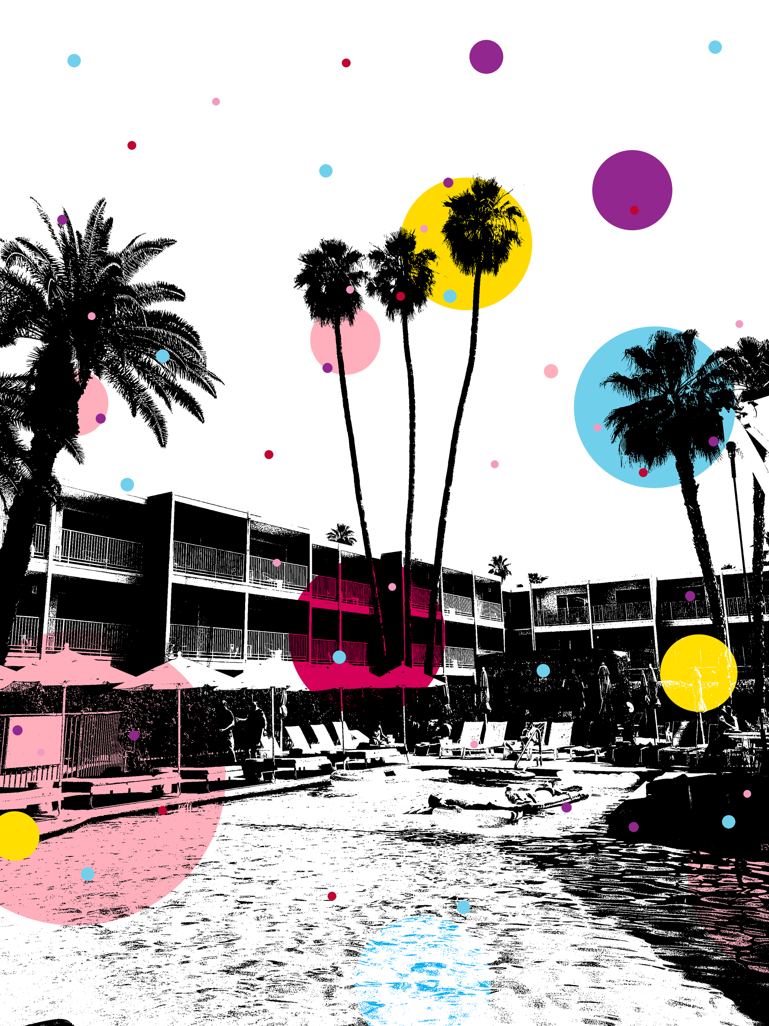 Original one-of-one archival art print featuring a black-and-white poolside scene with palm trees and modern architecture, overlaid with vibrant geometric colour fields in pink, yellow, blue, and purple. Contemporary urban landscape artwork inspired