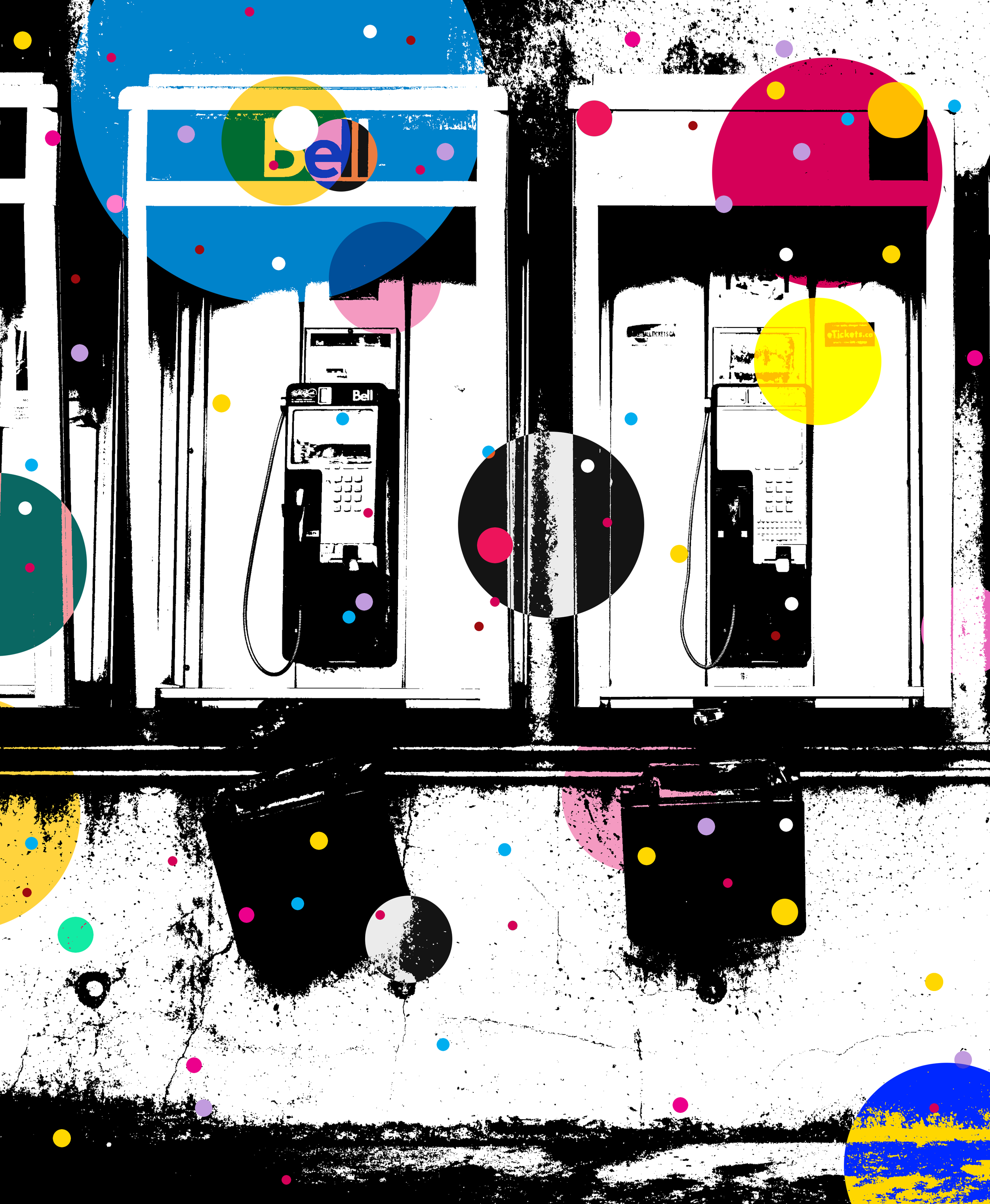 Original one-of-one archival art print of a vintage public payphone with colourful graphic overlays, exploring nostalgia, memory, and urban life.
