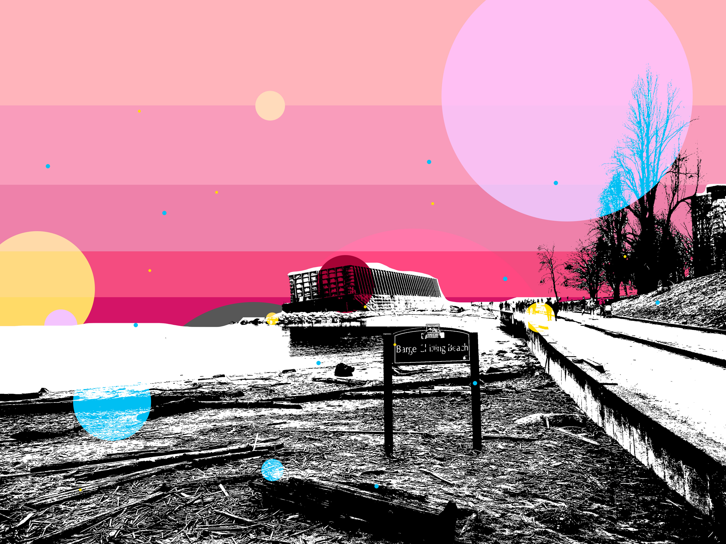 Original one-of-one archival art print depicting Vancouver’s Barge Chillin’ Beach and the English Bay shoreline, combining black-and-white photography with layered pink, purple, yellow, and blue graphic elements. Contemporary urban landscape artwork