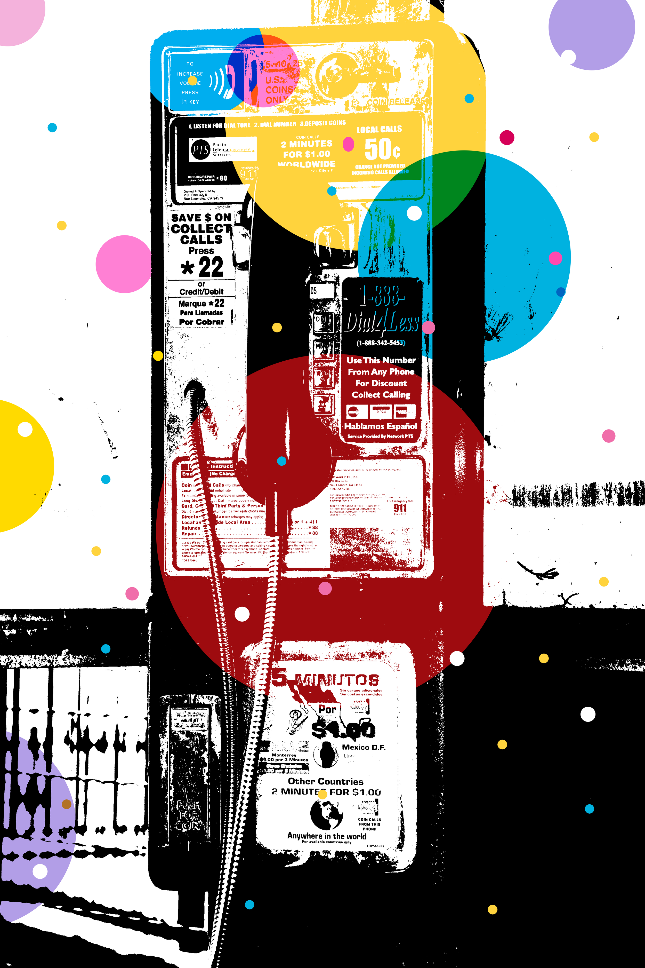 Original one-of-one archival art print of a vintage public payphone with colourful graphic overlays, exploring nostalgia, memory, and urban life.