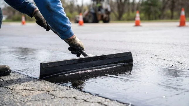 Worker smoothing fresh asphalt with a screed during road paving, with traffic cones in the background.