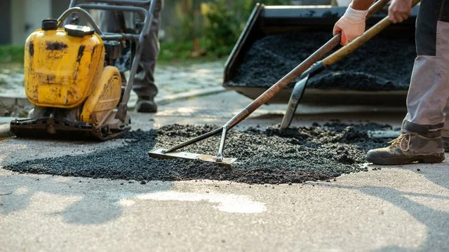 Workers using shovels to spread fresh asphalt on a road during road repair