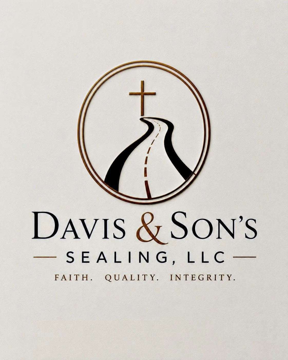 Logo for Davis & Son's Sealing, LLC, featuring a cross and a winding road within a circular border, with the tagline "Faith. Quality. Integrity."