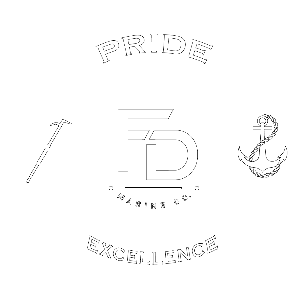 Black and white emblem for FD Marine Co., featuring a shield with the words 'Pride' at the top and 'Excellence' at the bottom, with crossed anchors and a nautical rope on the sides.