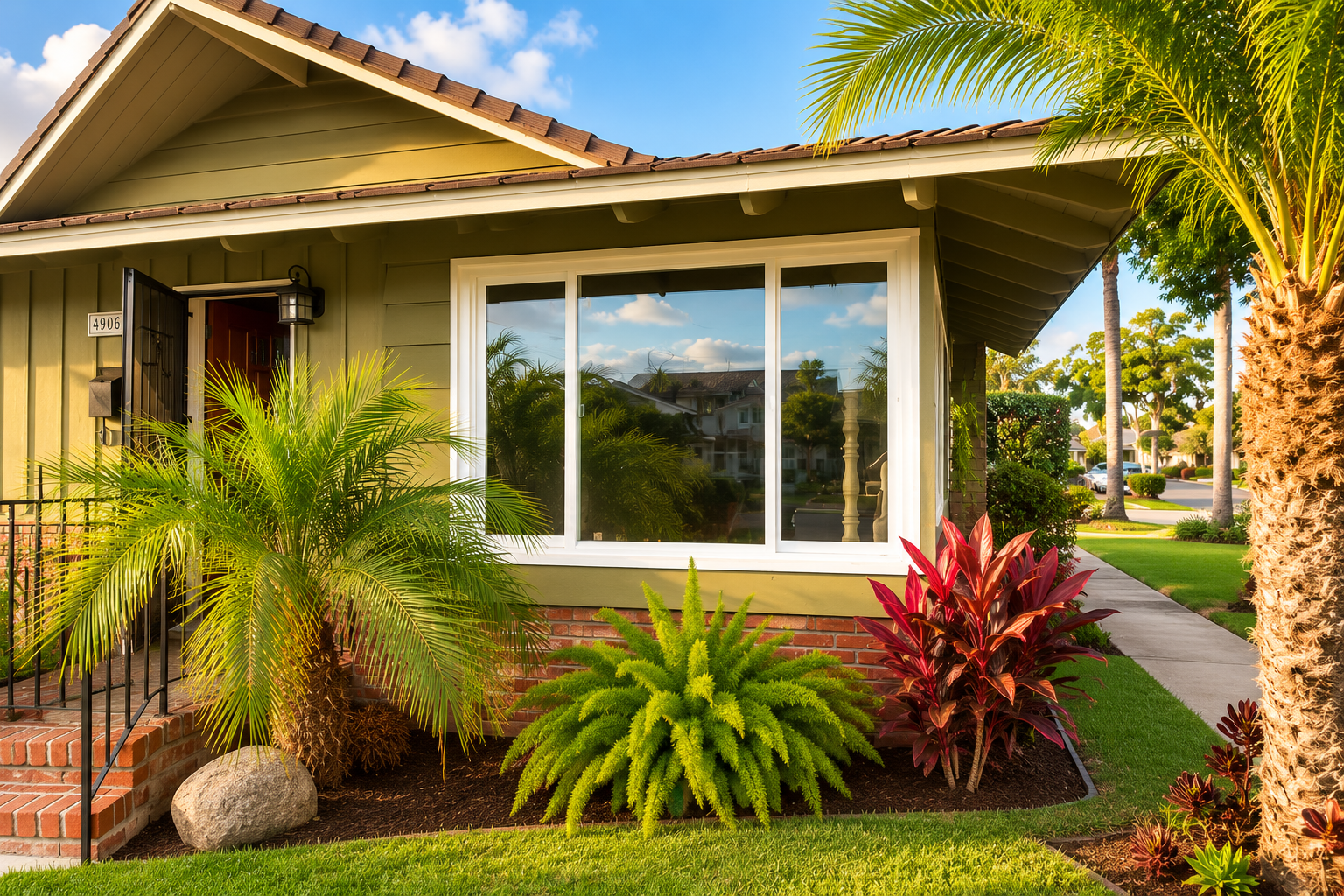 Front yard of a house with a large window, Custom vinyl window installation in California home featuring energy-efficient large glass windows for improved natural lighting and insulation
