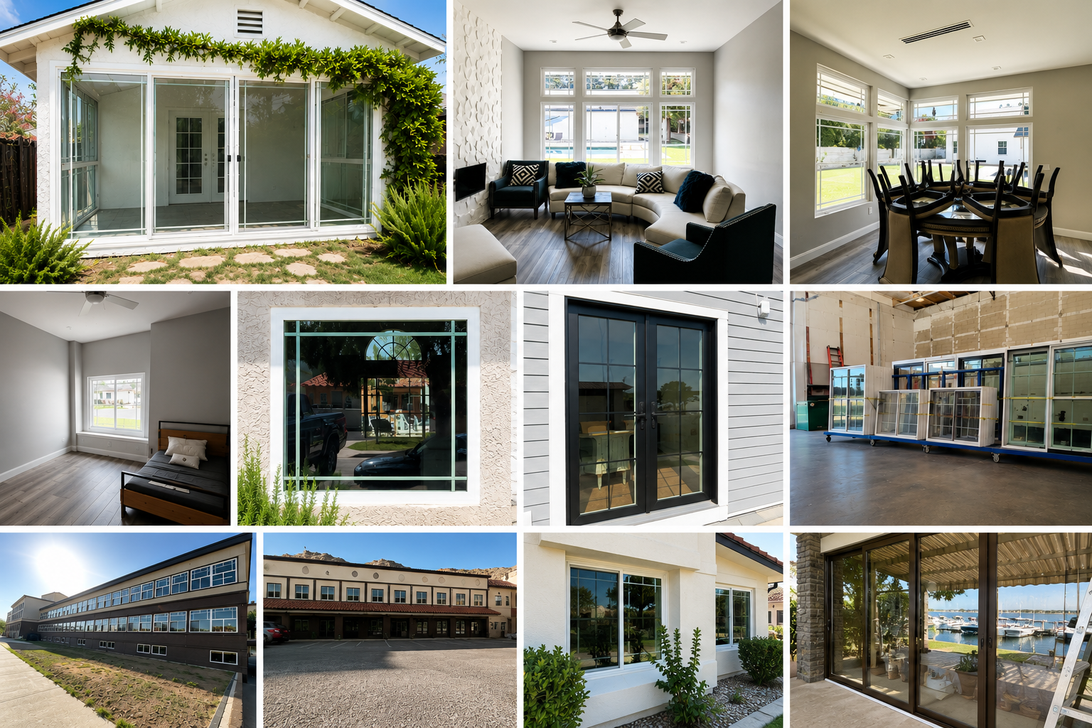 A collage of images showing various types of windows and doors, indoor living spaces with large windows, and outdoor building exteriors with different window styles, including a sunroom, living room, dining area, bedroom, commercial building, and waterfront patio with glass sliding doors.