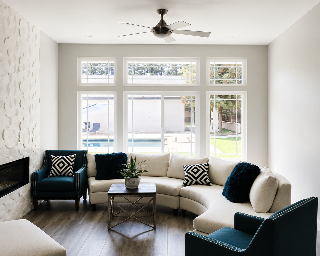 Custom vinyl window installation in California home featuring energy-efficient large glass windows for improved natural lighting and insulation