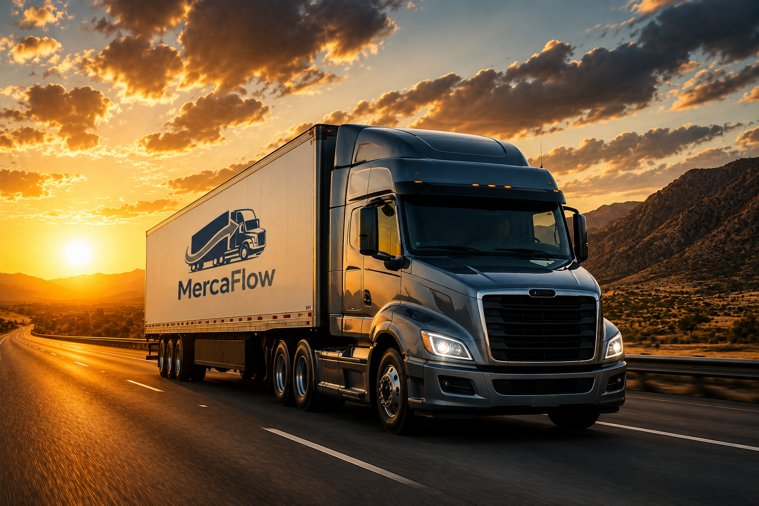 A MergaFlow semi-truck driving on a highway at sunset with mountains in the background.