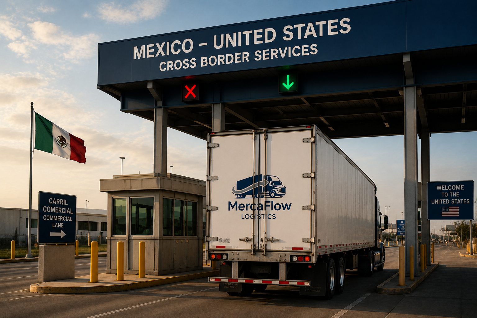 A turnpike at the Mexico-U.S. border crossing, with a MercaFlow Logistics truck waiting, an American flag, and signs indicating the border crossing and lanes.