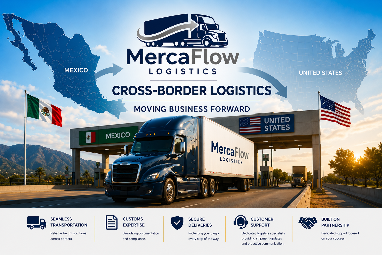 A digital infographic showing cross-border logistics between Mexico and the United States, with a truck passing through a border checkpoint, flags of Mexico and the United States, and a mountainous landscape in the background, emphasizing seamless, secure, and expert logistics services.