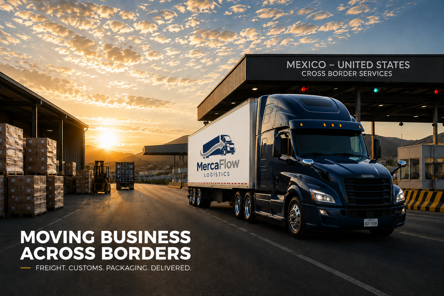 A large blue semi-truck with 'MercaFlow Logistics' on the side driving through a border crossing between Mexico and the United States during sunset. The border station has a sign that reads 'Mexico - United States Cross Border Services' and stacks of boxes on one side.